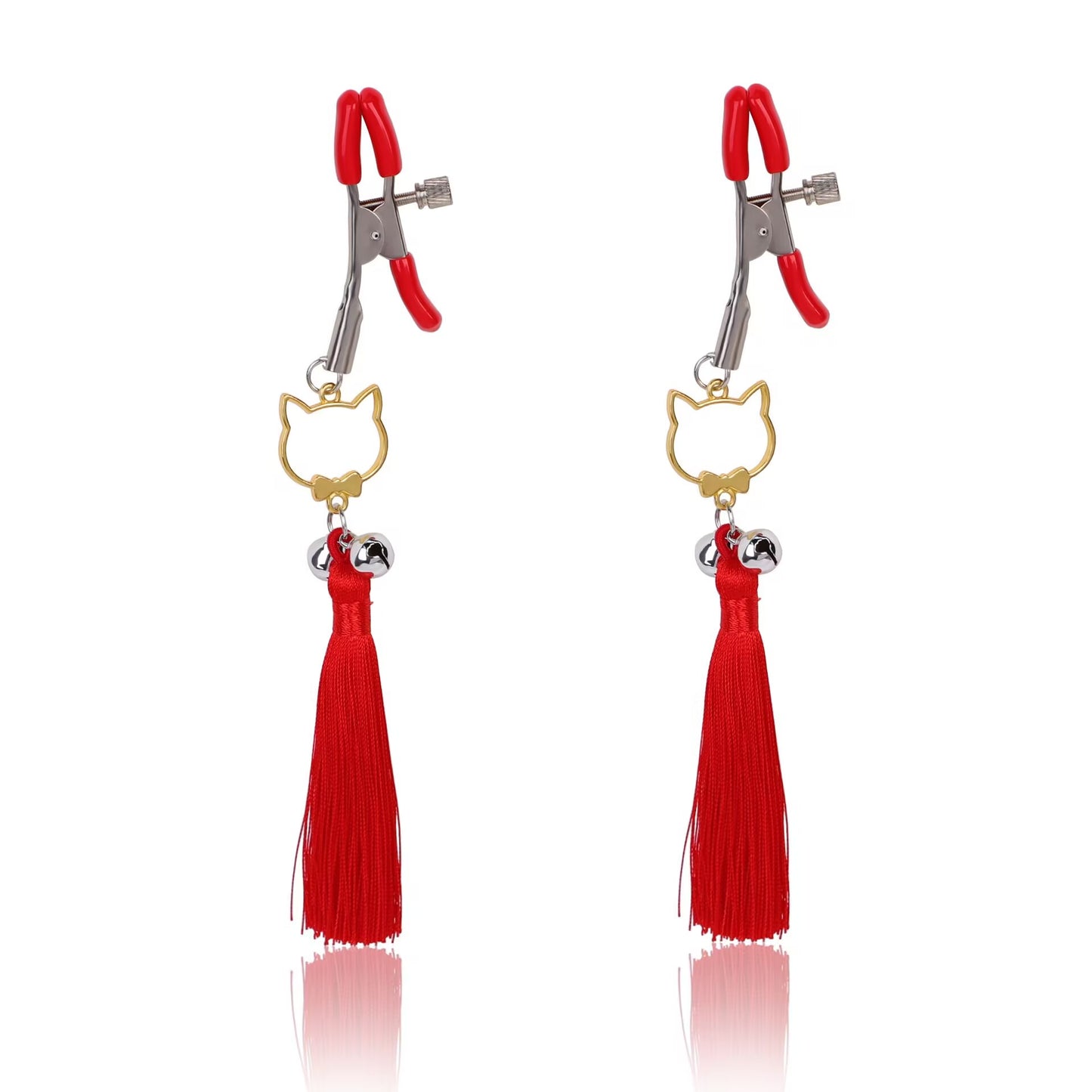 A pair of red adjustable sensory body clamps with golden cat charms and red tassels.