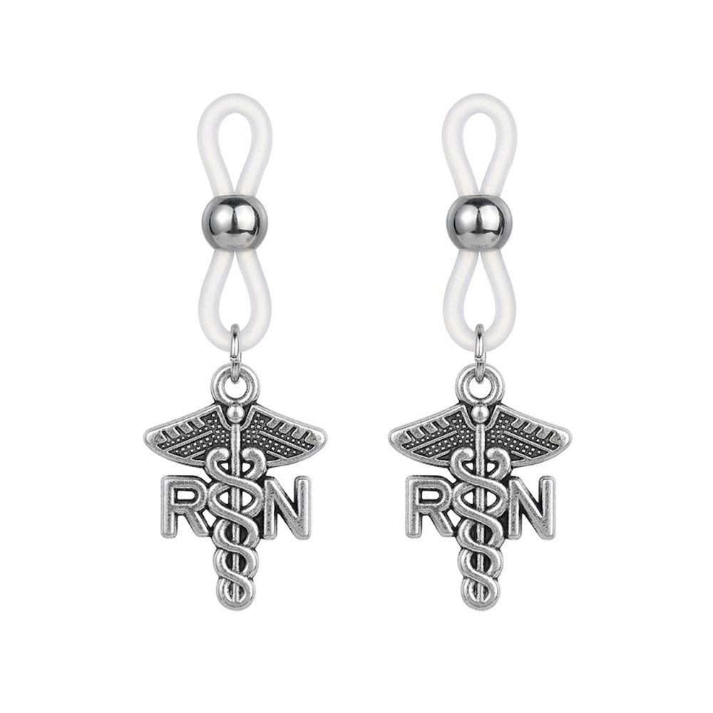A pair of Registered Nurse symbol nipple clamps featuring adjustable sliders and medical caduceus charms.