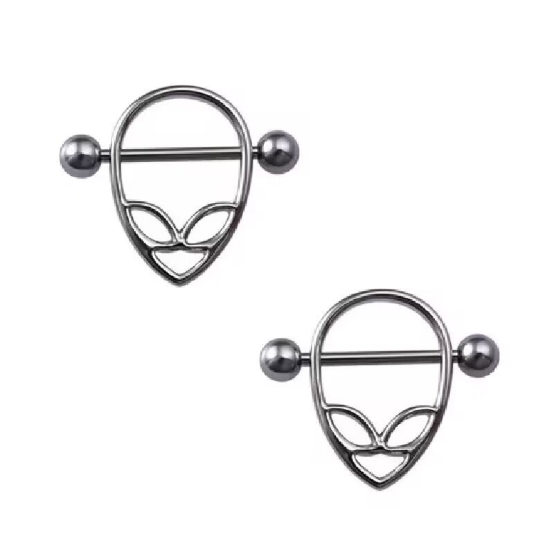 A pair of classic silver alien head nipple rings, essential for Y2K and gothic body jewelry collections.