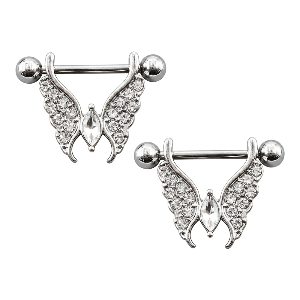 A pair of identical silver crystal butterfly wing nipple shields for symmetrical body jewelry styling