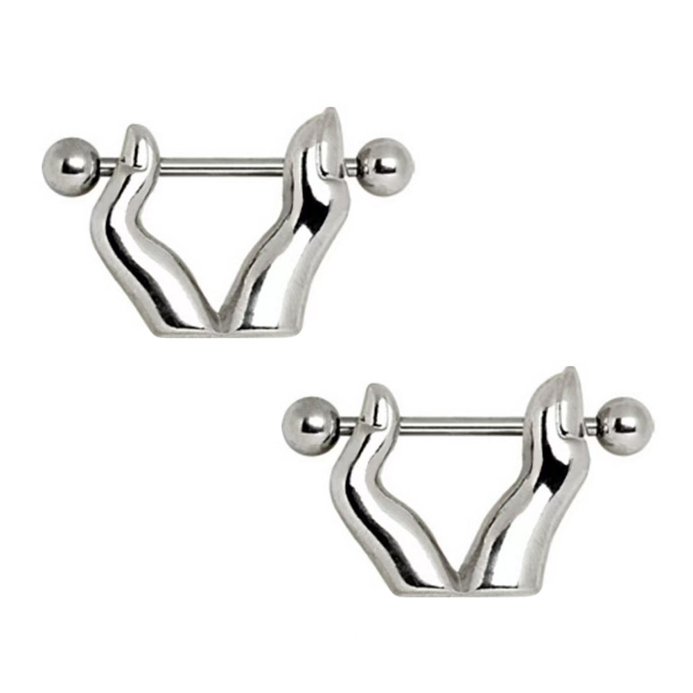 A pair of silver hand silhouette nipple piercing shields