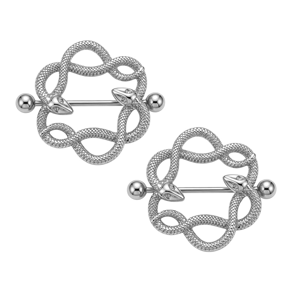 A pair of silver twin snake nipple shield rings for alternative fashion styles.