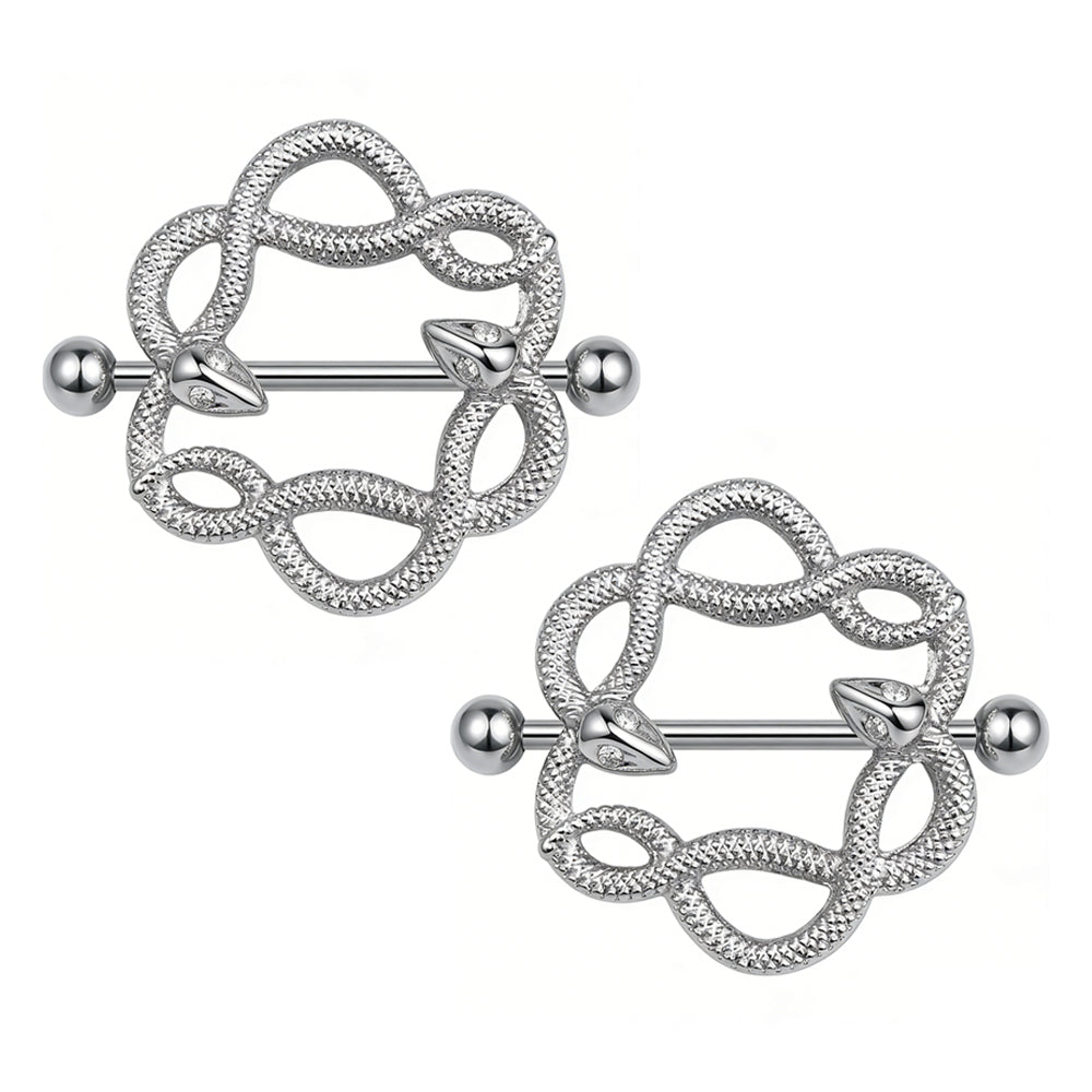 A pair of silver twin snake nipple shield rings for alternative fashion styles.