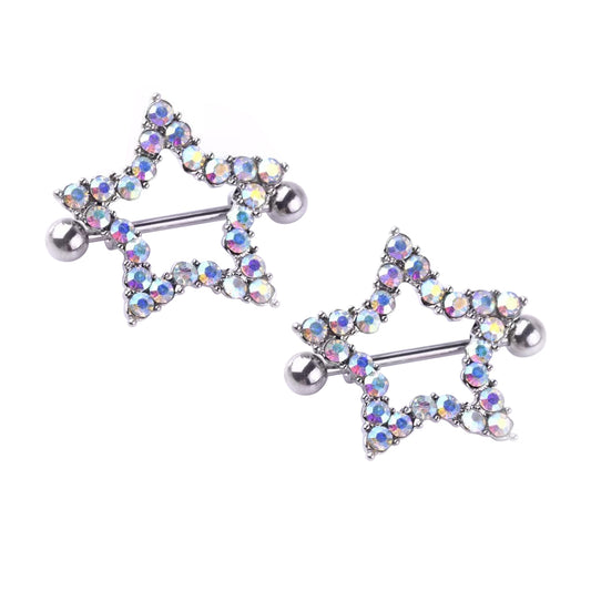 A pair of star-shaped nipple shield rings featuring vibrant iridescent crystals and a polished silver barbell.