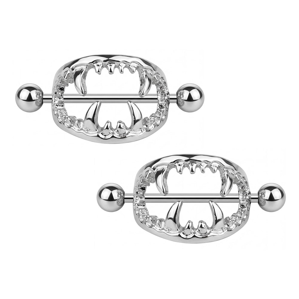 A pair of silver beast mouth nipple jewelry with straight barbells.