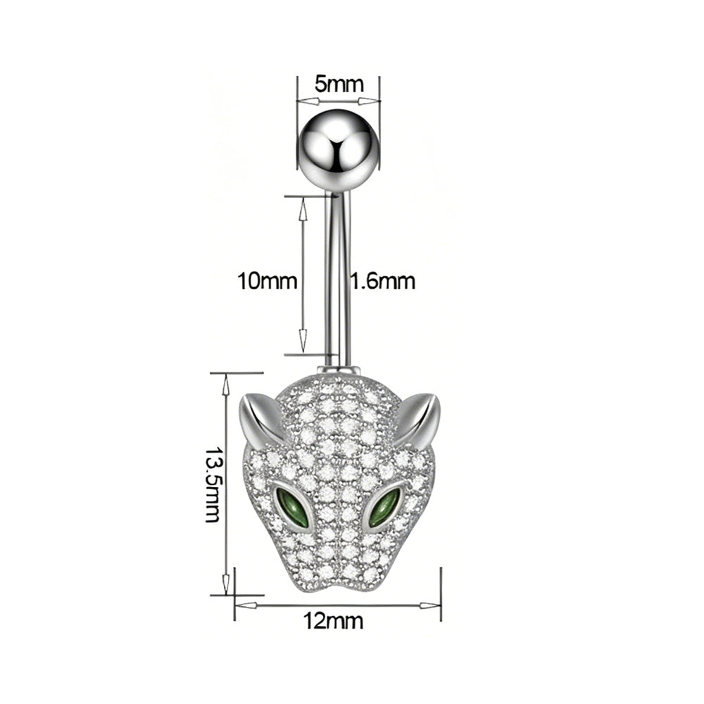 Dimensional diagram of the panther head navel piercing showing 1.6mm gauge and 10mm bar length.