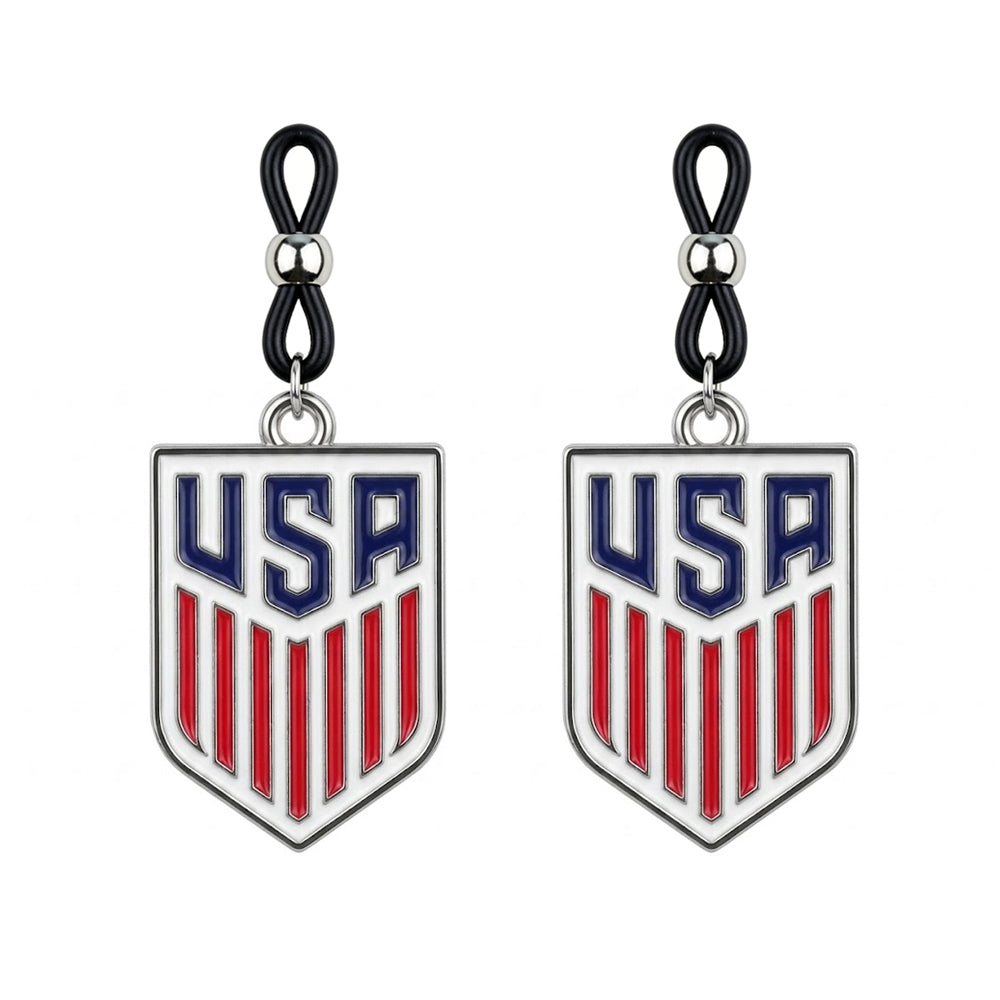 A pair of adjustable non-pierced nipple jewelry loops with hanging USA patriotic crest shield charms, ideal for 4th of July party body accessories.