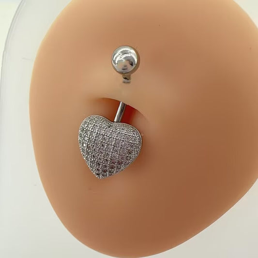 Sparkling pave crystal heart belly button ring on display model for body piercing jewelry