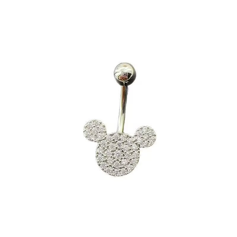 Pave crystal mouse ear navel button ring on pure white background for e-commerce body jewelry catalog.