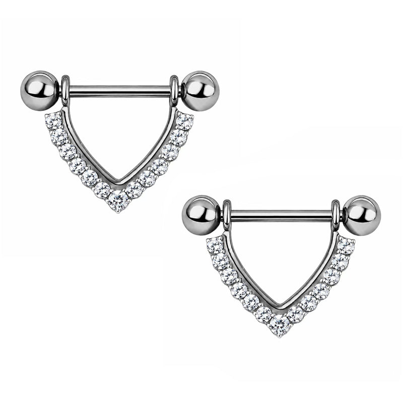 Matching pair set of pave CZ V-shape crystal nipple barbell rings for body piercing jewelry.