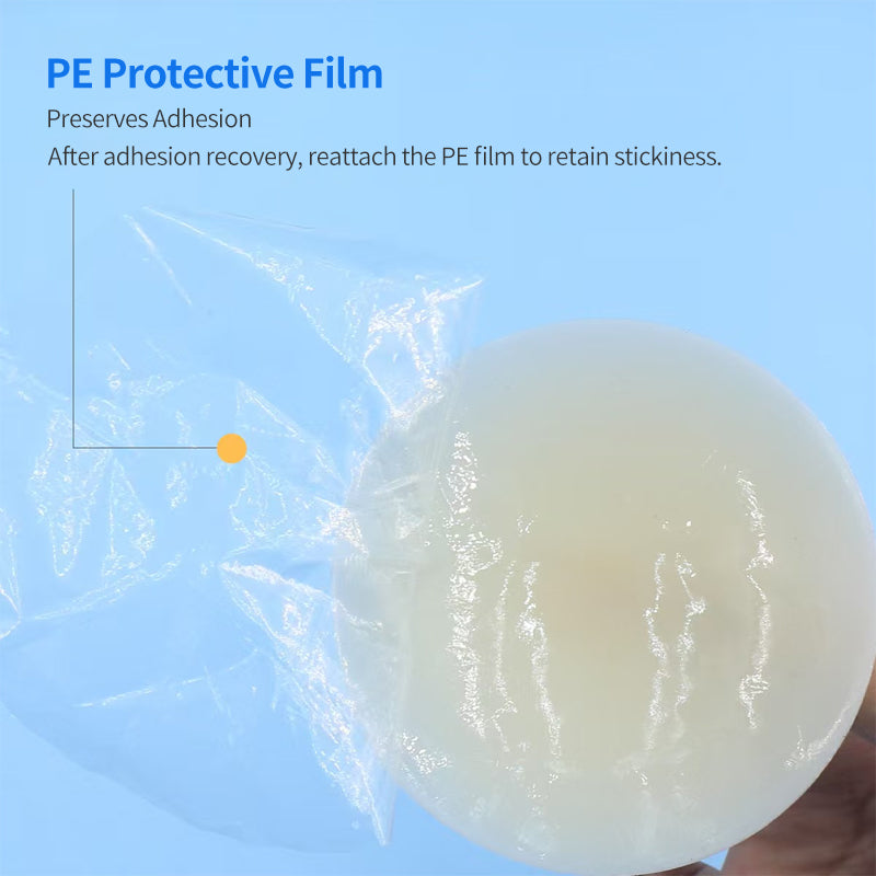 Transparent PE protective film peeling off a reusable silicone fake nipple piercing cover to preserve adhesion.