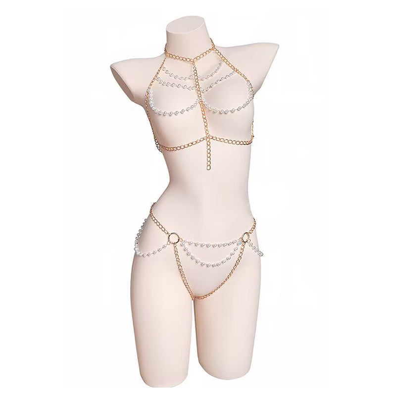 Side profile view of a gold pearl chest harness and waist body chain set displayed on a mannequin.