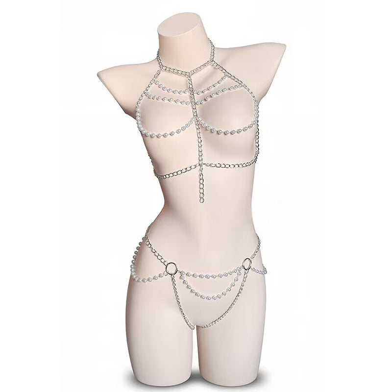 Layered silver pearl bra body chain set with matching hip harness chain on mannequin front view.