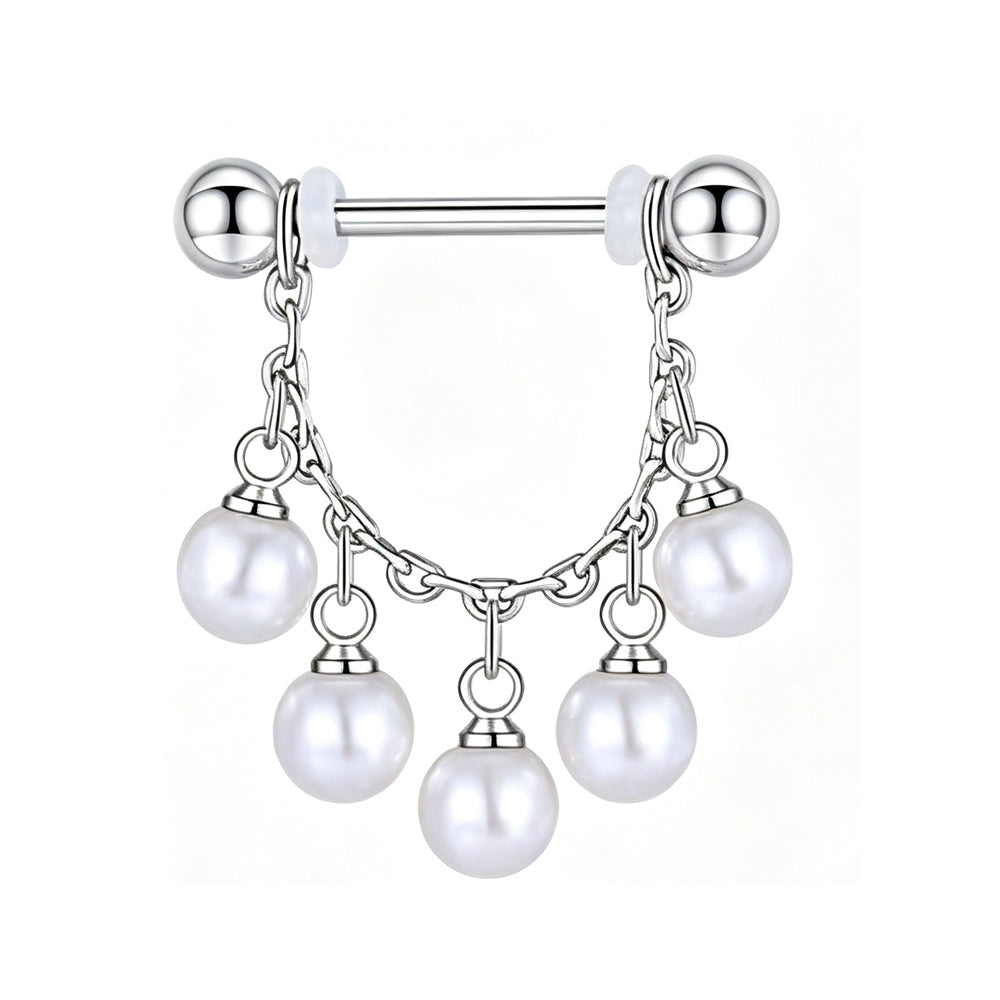 5-pearl dangle chain nipple ring with straight barbell and silicone O-rings on clean white background