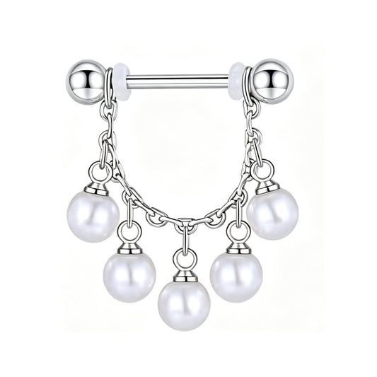 5-pearl dangle chain nipple ring with straight barbell and silicone O-rings on clean white background
