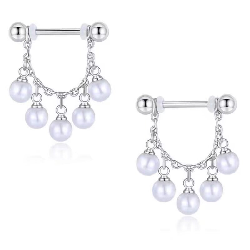 Pair of pearl dangle nipple barbell jewelry showing both 3-pearl and 5-pearl cluster designs