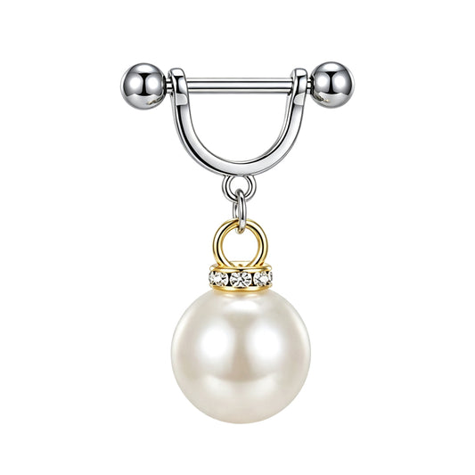 Single view of a pearl dangle nipple shield ring with cubic zirconia accents and gold-tone band for nipple piercing set.
