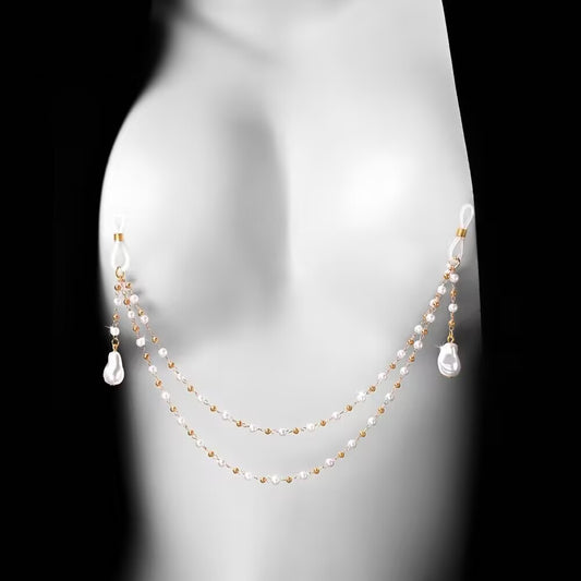 Pearl nipple clamps non piercing body chain shown on a model display for intimate jewelry styling