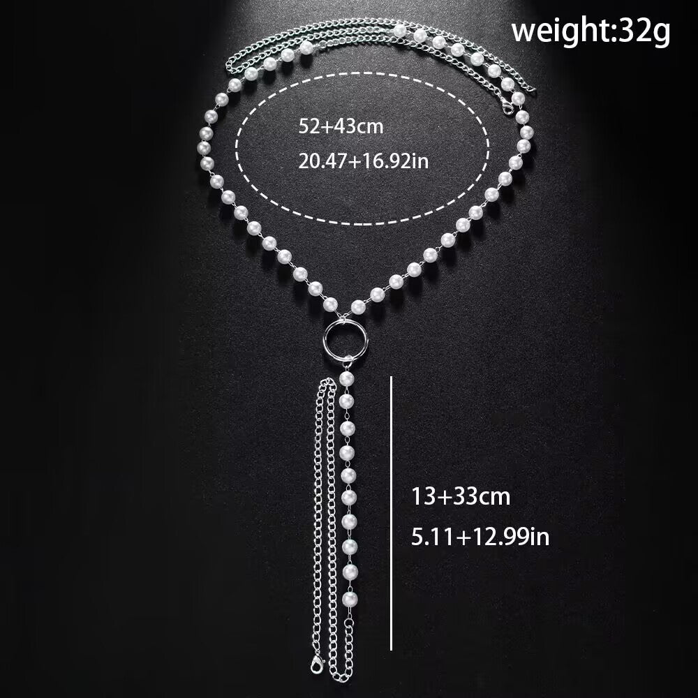 Dimension diagram of adjustable pearl waist chain measuring 52cm plus 43cm extension and weighing 32g.