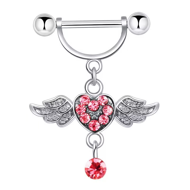 Pink angel wings heart dangle nipple ring featuring a sparkly crystal center and straight barbell.