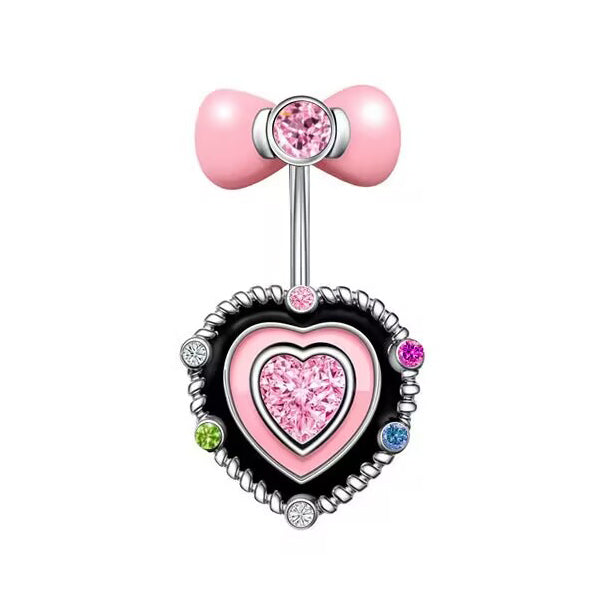 Front view of a pink bow heart belly button ring featuring a high-clarity pink heart CZ and black enamel frame for Y2K Coquette navel jewelry styling.