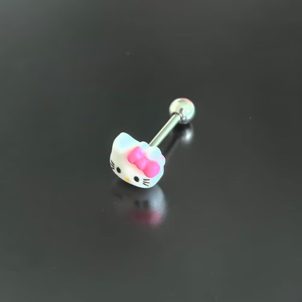 Adorable white kitty tongue barbell featuring a cute pink bow top for kawaii fashion lovers.