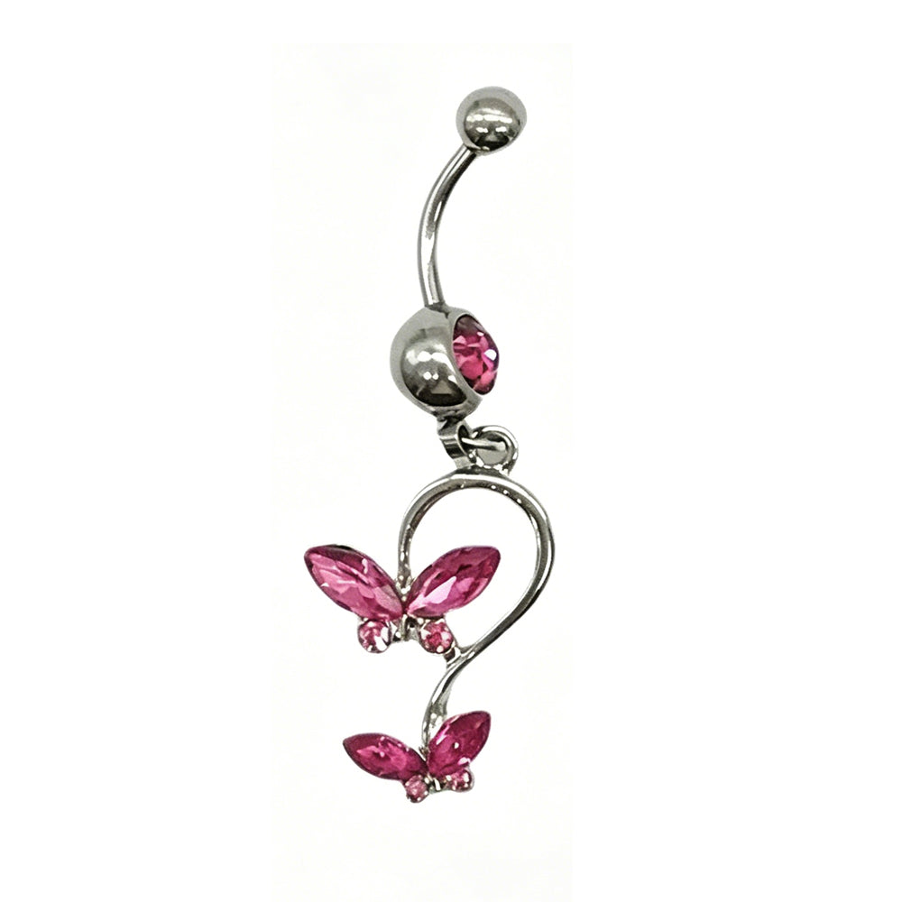 A sparkling pink crystal butterfly dangle navel ring with a double butterfly design.