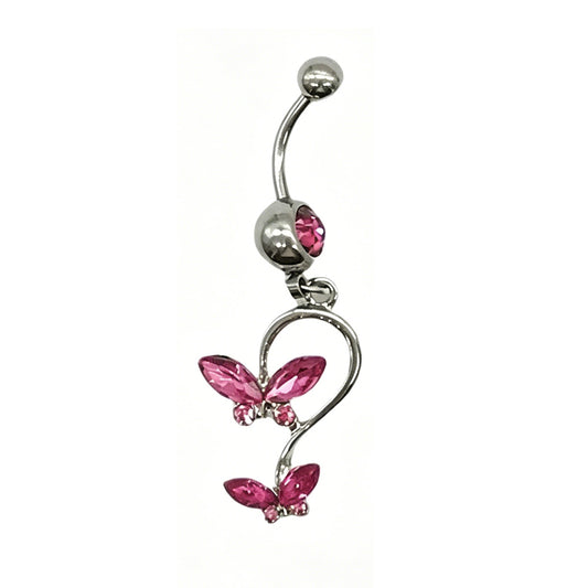 A sparkling pink crystal butterfly dangle navel ring with a double butterfly design.
