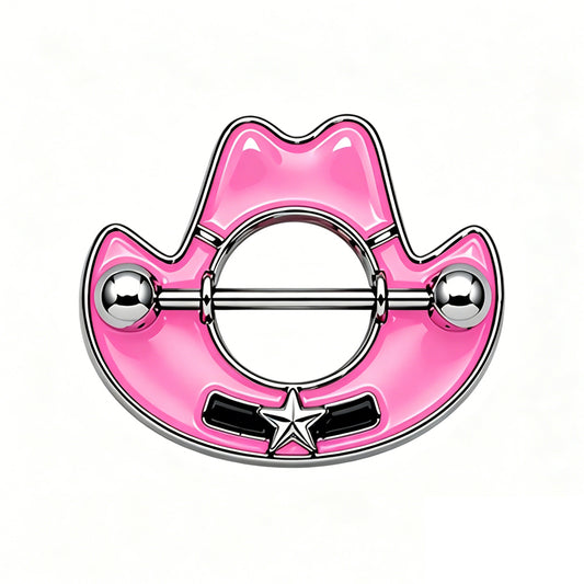A single hot pink cowboy hat nipple shield with a silver star on a white background.