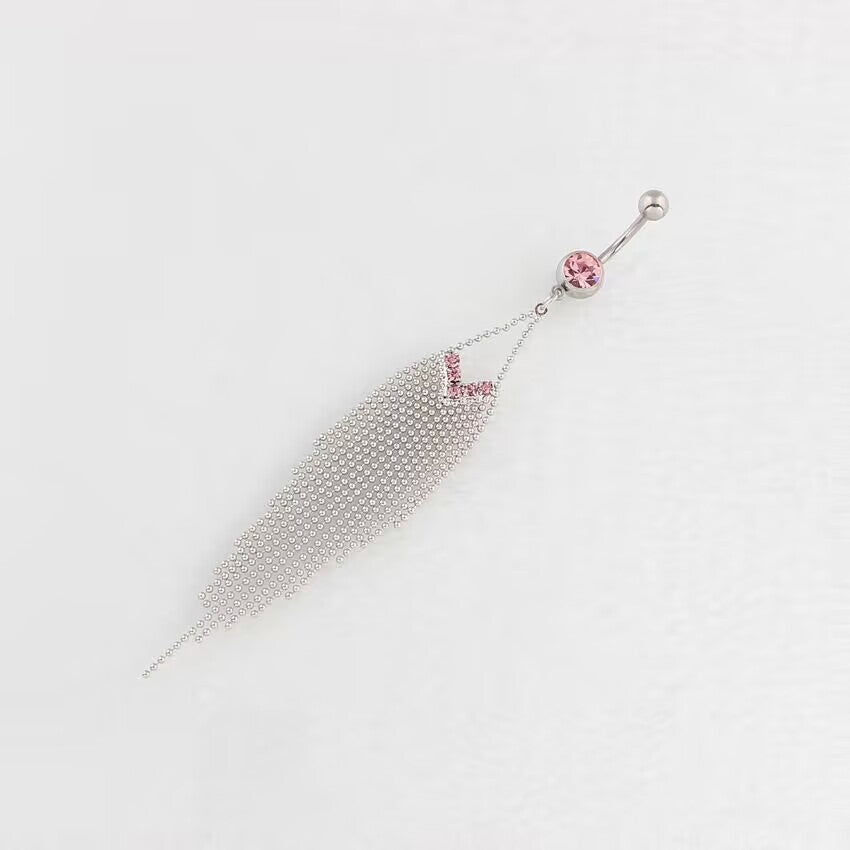 A premium silver navel ring decorated with romantic soft pink crystals in a V-shape pattern, complete with a beautiful long liquid silver ball chain fringe.