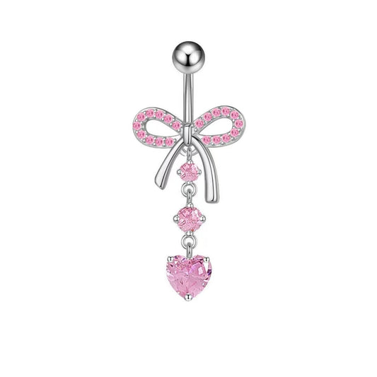 Pink crystal bowknot navel ring with dangling heart drop.