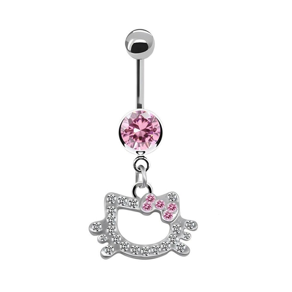 Dangling kitten navel piercing jewelry with a sweet pink cubic zirconia center gemstone and matching pink pavé rhinestone bow.
