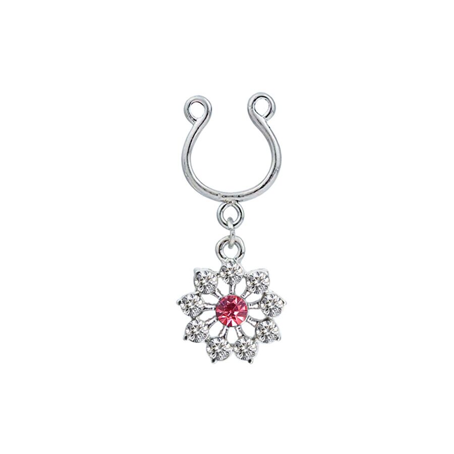 Front view of a single silver non-piercing nipple ring with a sparkling pink and white crystal flower dangle.