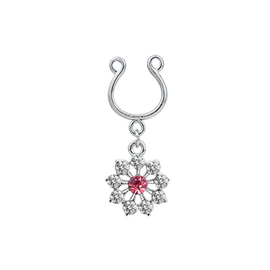 Front view of a single silver non-piercing nipple ring with a sparkling pink and white crystal flower dangle.