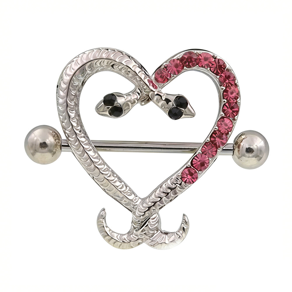 Heart shaped nipple shield with pink crystals and silver double snakes.