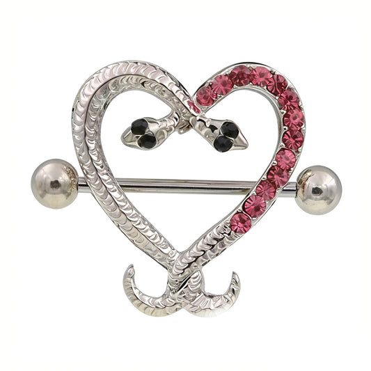 Heart shaped nipple shield with pink crystals and silver double snakes.