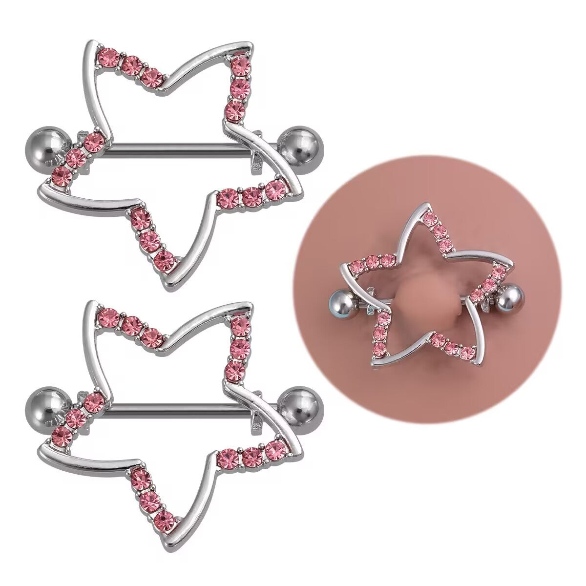 Set of pink crystal star nipple shields showing both the jewelry and how it looks when worn.