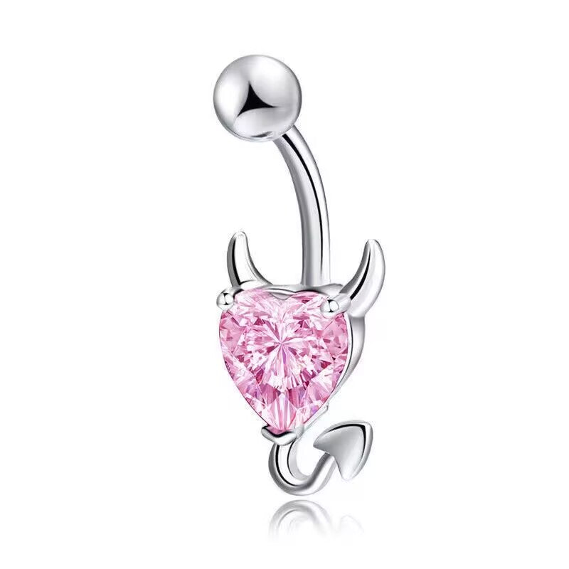 A cute coquette aesthetic pastel pink cz gemstone devil heart navel piercing ring with devil tail.