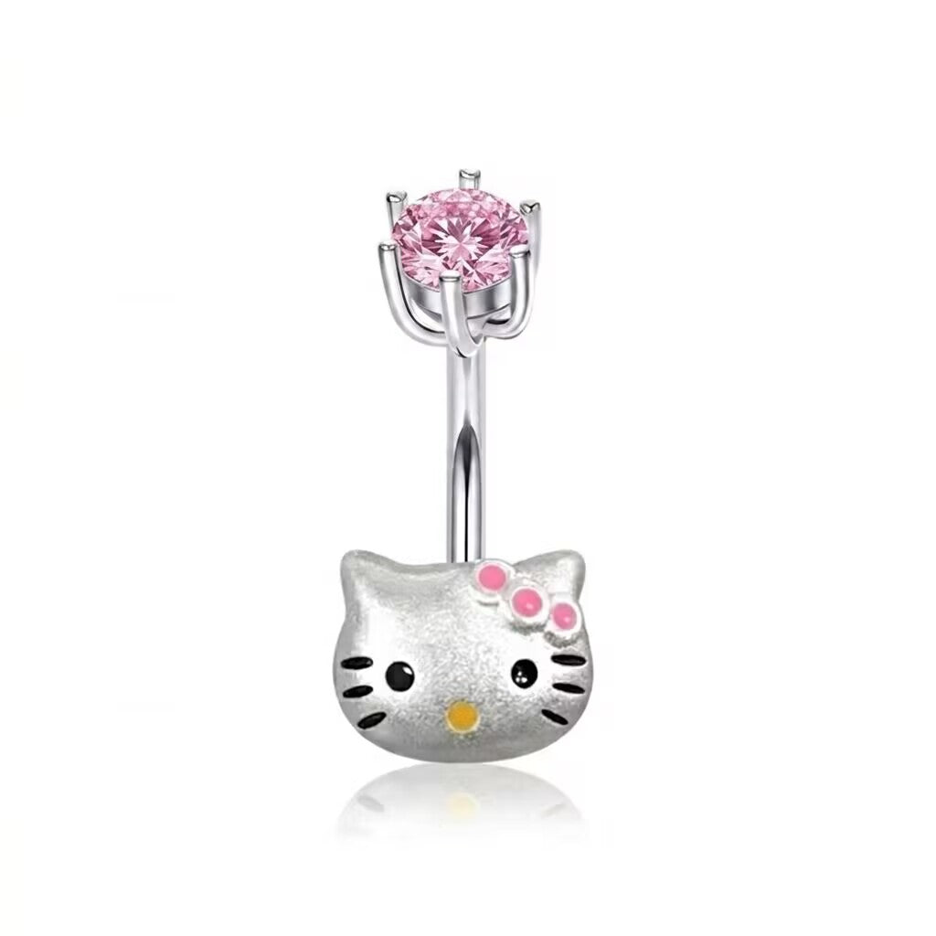 Kawaii silver Kitty navel ring featuring a glowing pink cubic zirconia top stud in a prong setting.