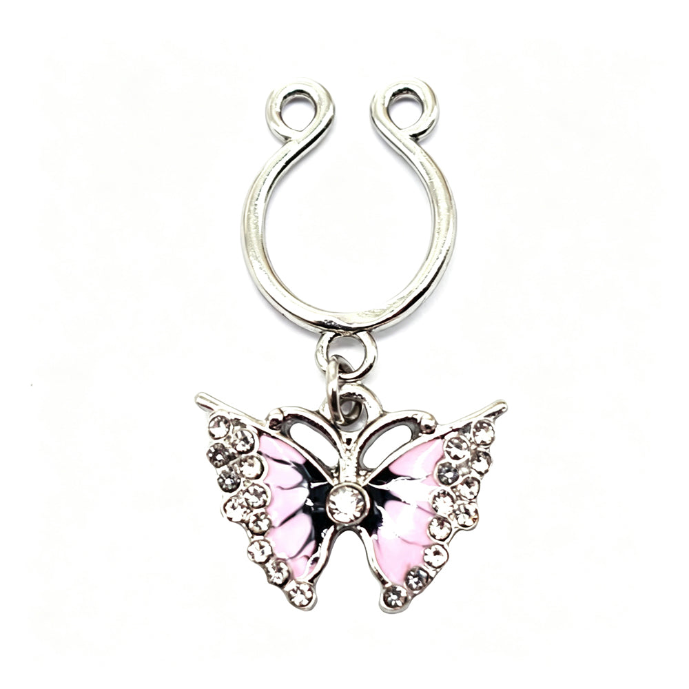 Pink enamel butterfly fake nipple ring non piercing dangle body jewelry pair