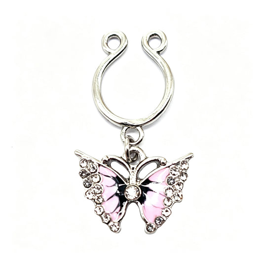 Pink enamel butterfly fake nipple ring non piercing dangle body jewelry pair