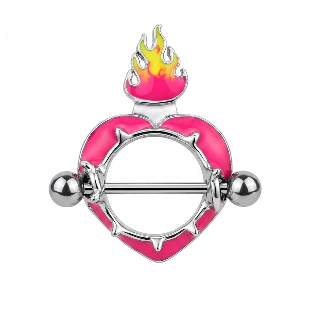 Front view of a single hot pink enamel flame heart nipple shield with an ASTM F136 titanium barbell on a white background.