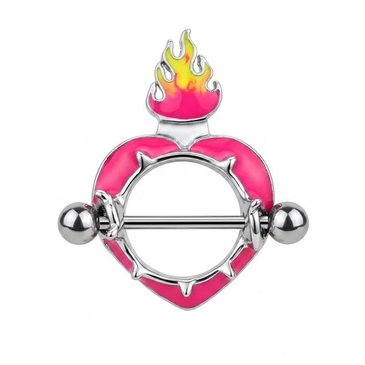 Front view of a single hot pink enamel flame heart nipple shield with an ASTM F136 titanium barbell on a white background.