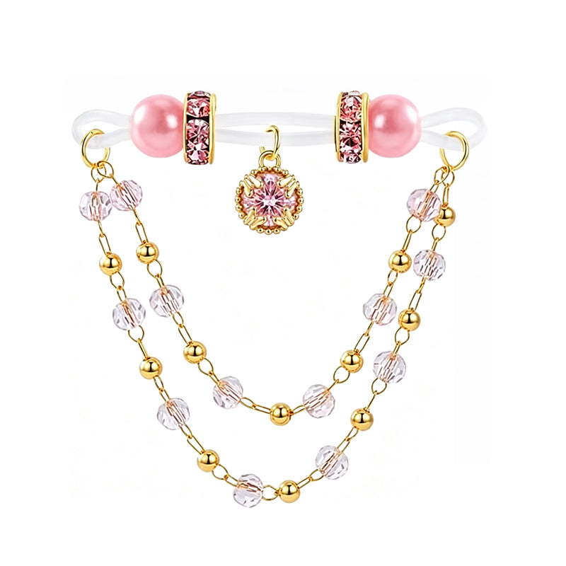 Single pink non-pierced nipple clamp displaying clear adjustable loop, rhinestones, and hanging tassel chains.