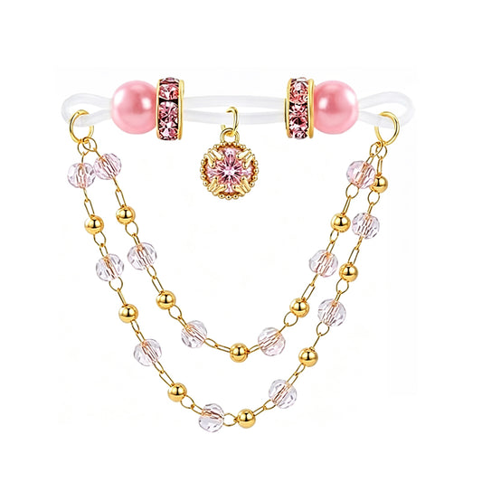 Single pink non-pierced nipple clamp displaying clear adjustable loop, rhinestones, and hanging tassel chains.