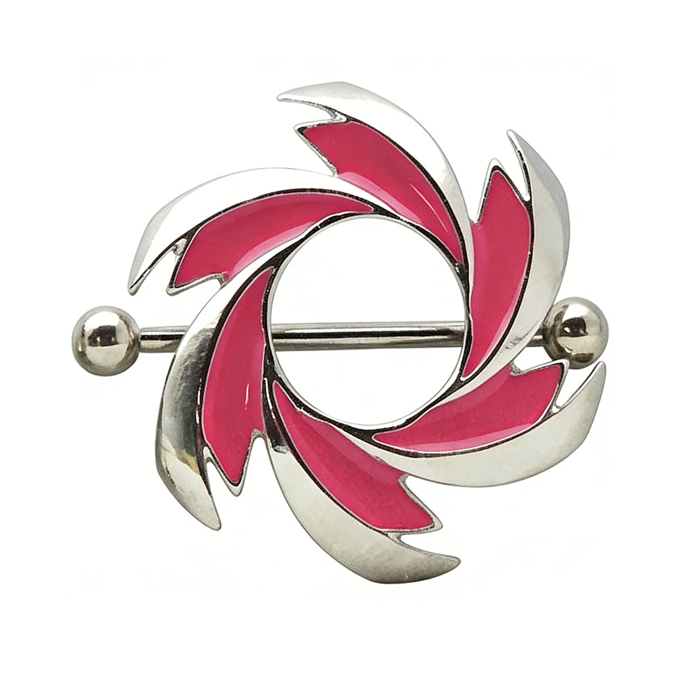 Close-up shot of a single pink enamel flame swirl nipple shield barbell on a white background.