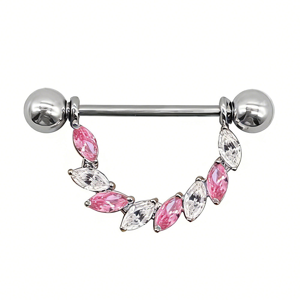 Nipple jewelry featuring an F136 Titanium bar and a pink crystal flower dangle.