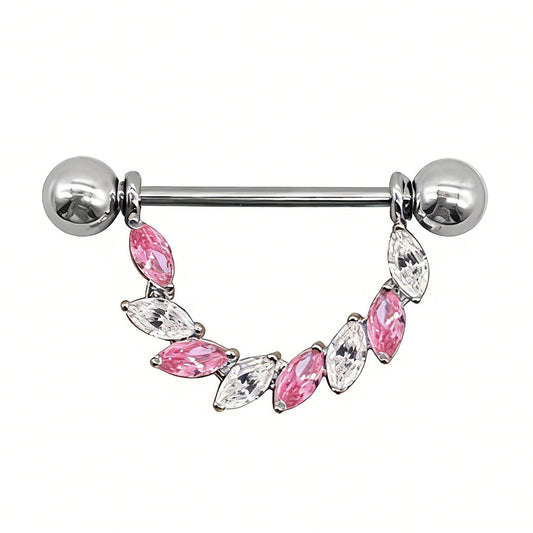 Nipple jewelry featuring an F136 Titanium bar and a pink crystal flower dangle.