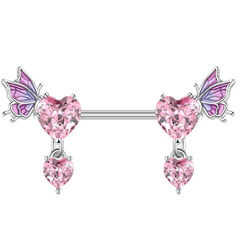 A pair of pink heart-shaped crystal nipple rings with purple enamel butterfly wings and dangling heart charms on a pure white background, 14G barbell piercing jewelry.