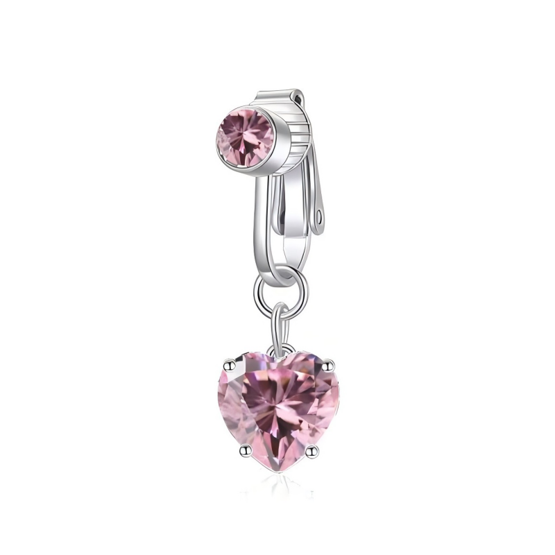 Non-pierced silver belly clip with a rose pink heart cubic zirconia dangle charm